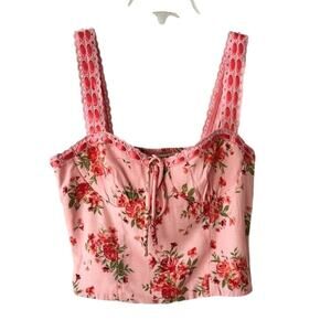 Thirty Thirty Pink Floral Smocked Crop Top with Lace Straps | NWT | Size S